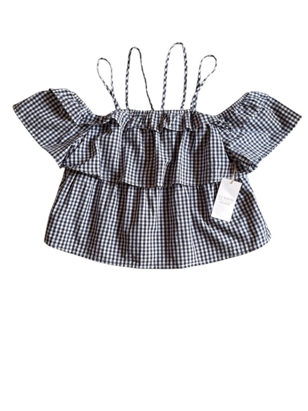 Ci Sono Wovens Navy & White Gingham Ruffle Crop Top NWT